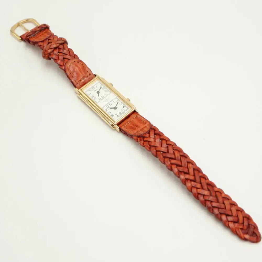 Vintage Orvis Dual Time Gold Tone 22mm Watch Brown Braid Leather w New Battery